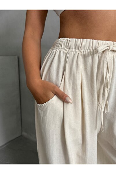 BEJNA Women's Beige Linen Textured Balloon Pants