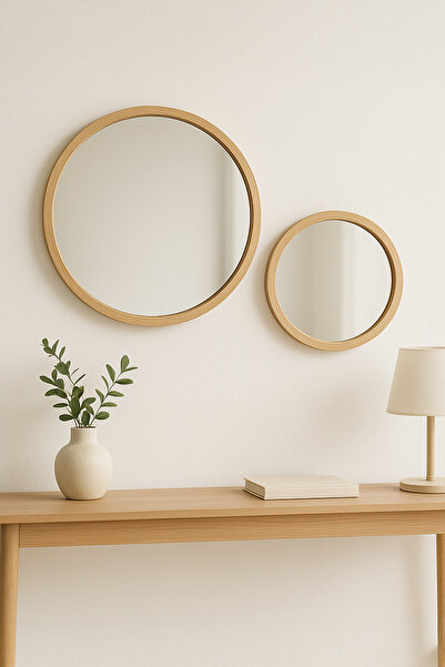 huhuli 2’li İskandinav Ahşap Çerçeveli Yuvarlak Ayna Seti 39 cm & 27 cm – Minimal Dekor