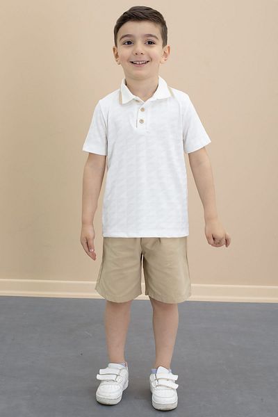 Cansın Mini Beige Polo Collar Buttoned T-Shirt Boy's Shorts Set of 2 21104