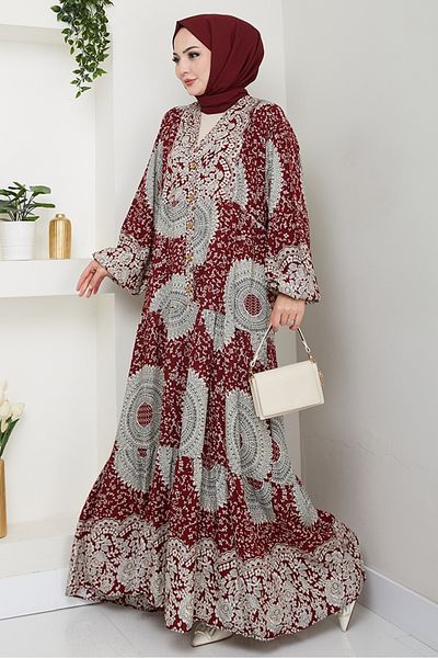 Bestenur Eysar Φόρεμα με μισό κουμπί υφαντό βισκόζη 1494 - Claret Red