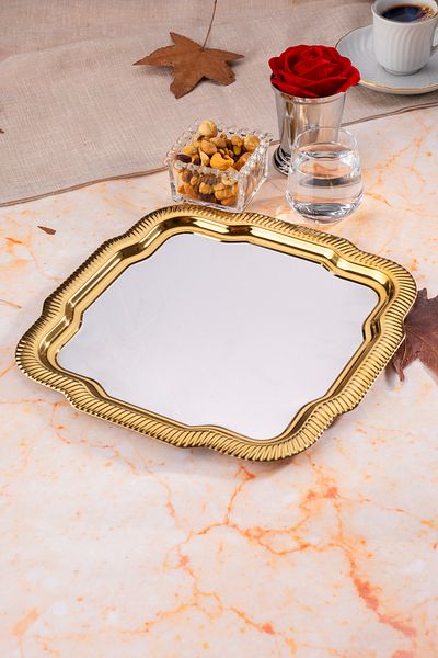 Aslı Hediyelik 1 Luxury Patterned Daisy Square Model with Edge Decoration Silver Serving, Tea, Coffee Presentation Tray