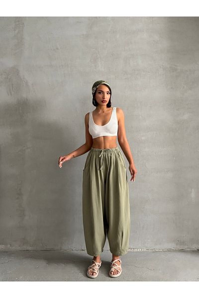 BEJNA Khakifarbene Ballonhose aus Leinen mit Struktur für Damen