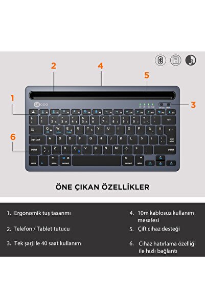 Lecoo Bk100 Kablosuz Bluetooth Çoklu Cihaz Ile Uyumlu Şarj Edilebilir Türkçe Q Klavye Gri