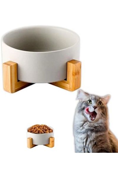 PETSARY Ceramic Dog Cat Food Bowl with Bamboo Wood Stand - Modern Round Heavy Duty Food and Water Bo