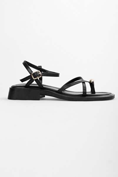 Shoeberry Bianca Black Gold Buckle Women's Sandals