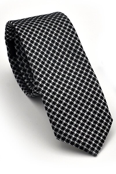Gaffy Beyaz Kaz Ayağı Desenli Siyah Dokuma Kumaş Mendilli Slim Fit Kravat // ...