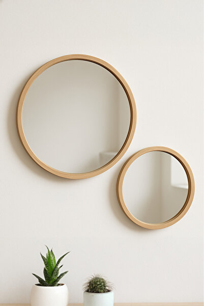 huhuli 2’li İskandinav Ahşap Çerçeveli Yuvarlak Ayna Seti 39 cm & 27 cm – Minimal Dekor
