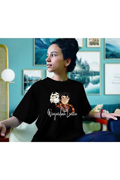 donamod Tricou negru oversize unisex cu design Harry Potter