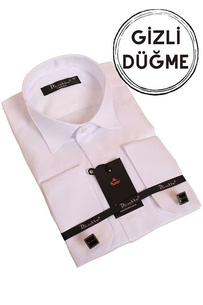 Dicotto Πουκάμισο σμόκιν με γιακά γαμπρού Slim Fit - Λευκό με κρυφά κουμπιά - 001