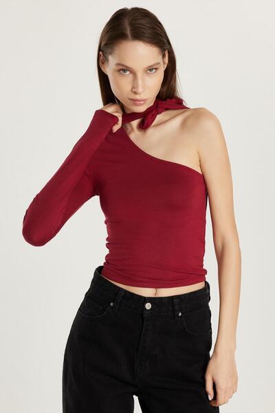 Tudors Women's Standard Fit Corded Single Sleeve Asymmetric Collar Burgundy Blouse