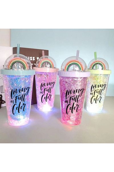 Honney Boutique Led 3D Colorful Lighted Mica Water Bottle Flask Water Bottle Cocktail Glass with Straw Lighted Figure