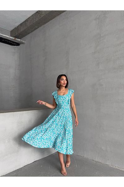 BEJNA Rochie de vară țesătă cu volane cu imprimeu floral turcoaz pentru femei