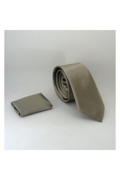 Gaffy ربطة عنق من الساتان بلون سادة بقصة ضيقة من مينك مع منديل - Ss-11