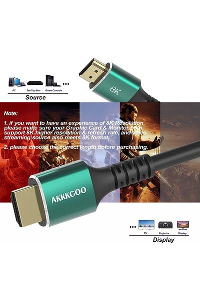 AKKKGOO Hdmi Cable, 8k, Black/green, 3 M