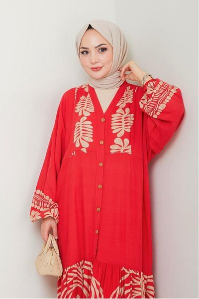 Bestenur Φόρεμα Alyes Half Button Viscose 1503 - Claret Red