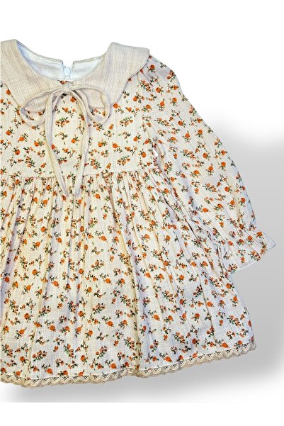 Yollo Kids Kız Bebek&Çocuk Elbise Çiçekli Yaka ve Tül Detaylı Müslin Kumaş