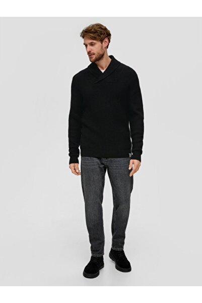 s.Oliver Men's knitted sweater with shawl collar, made of cotton and wool blend, Black
