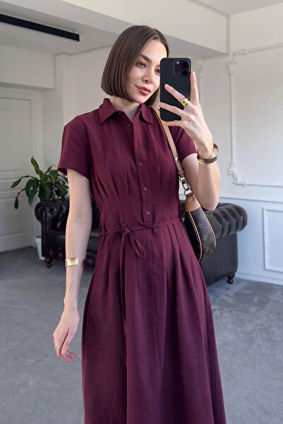 QİMYA BUTİK فستان MAGARDE نسائي طويل بطيات وخصر وأكمام قصيرة من الكتان