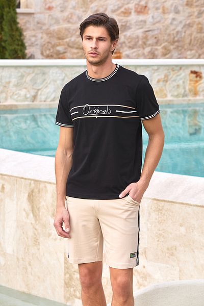Mavelle Men's Black Short Sleeve Print Detail Sports Shorts Bottom Top Set 25949