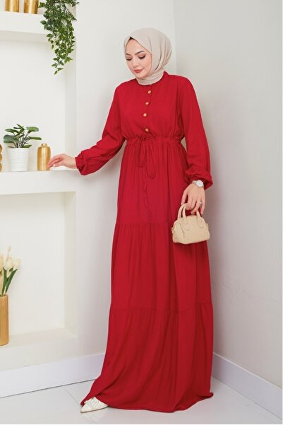 Bestenur Yasen Half Button Woven Viscose Dress 1508 - Claret Red
