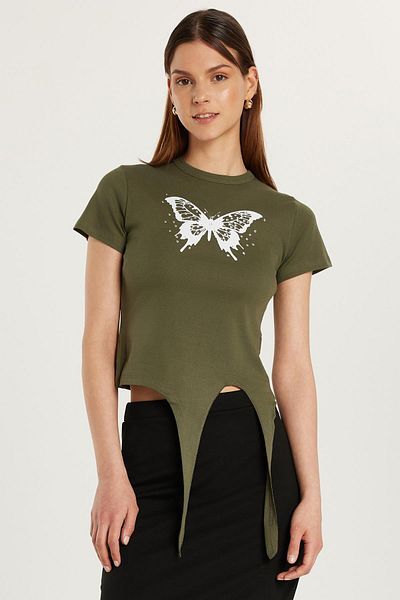 Tudors Women's Slim Fit Slim Fit Short Sleeve Tie-Up Crew Neck Printed Khaki T-Shirt