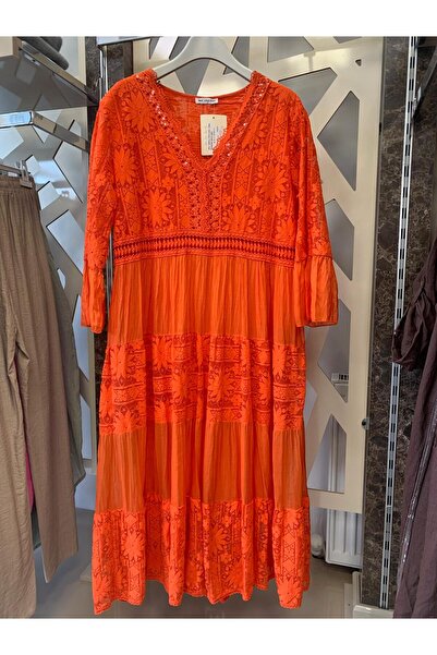 günay boutıque italyan Dantel İpek Elbise-turuncu