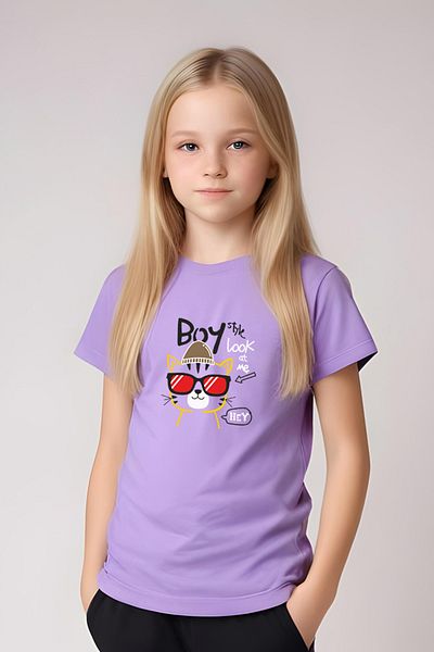 FYK KİDS Girl's Round Neck Printed Boy Cat Lower-Top Pjamas Suit