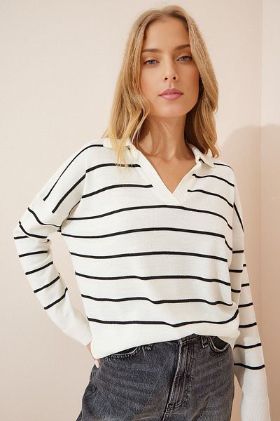 KURGAN TEKSTİL Women's Striped Polo Neck Seasonal Knitwear Sweater