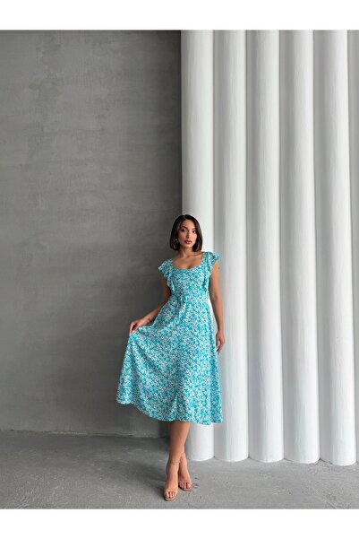 BEJNA Rochie de vară țesătă cu volane cu imprimeu floral turcoaz pentru femei