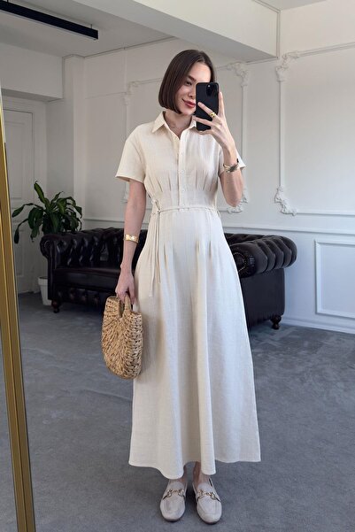 QİMYA BUTİK MAGARDE Γυναικείο μακρύ φόρεμα με πλισέ μέση με κουμπιά και κοντό...