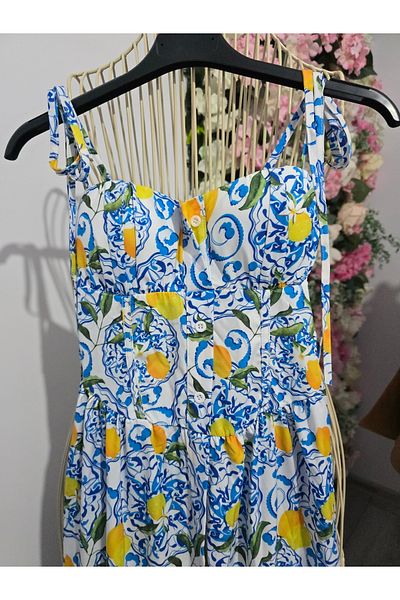 adorashop Ciao Bella Blue Dress With Thin Straps And Lemons