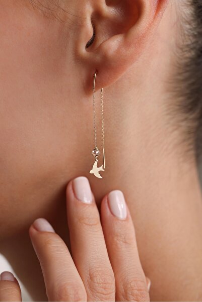 Giza Jewelry 14 Ayar Altın Sallantılı Taşlı Kırlangıç Kuş Işıltılı Küpe