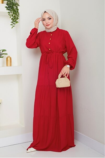 Bestenur Yasen Half Button Woven Viscose Dress 1508 - Claret Red