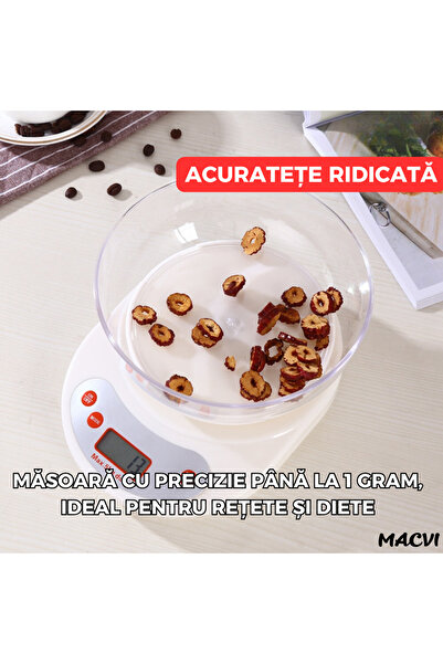 MACVI Cantar de Bucatarie Macvi® cu Bol, 5 Kg, Display LCD, Inchidere Automata