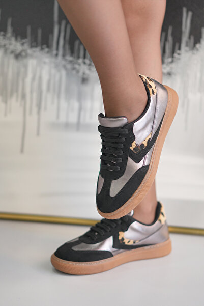 Elvin Shoe Aura Kadın Siyah Leopar Gümüş Sneaker Günlük Spor Ayakkabı
