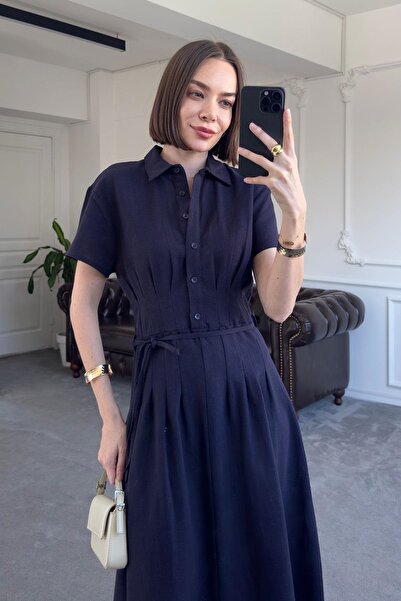 QİMYA BUTİK MAGARDE Γυναικείο μακρύ φόρεμα με πλισέ μέση με κουμπιά και κοντό μανίκι