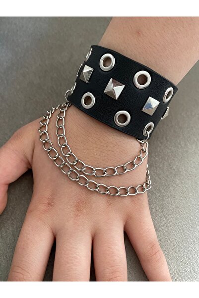 Aksabeltchokers 4.cm kuş gözlü piramit zincirli punk metalci bileklik