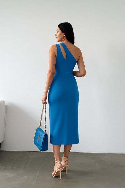 Deafox Rochie midi cu un singur umăr din țesătură creponată albastră
