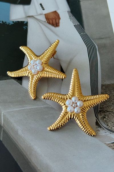 Trendy Butik Vip Pearl Detailed Sea Star Earrings