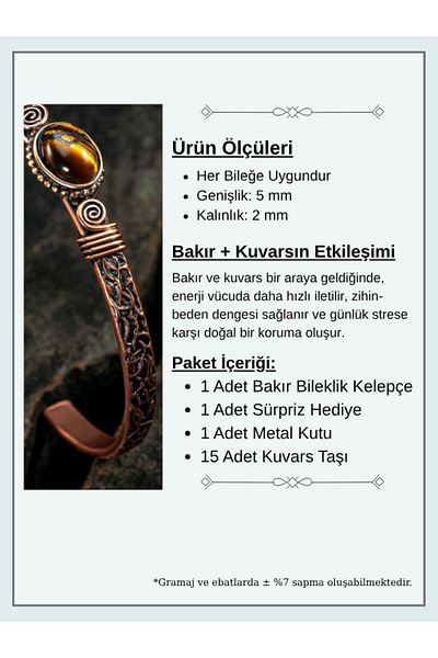 OSMANLI GÜMÜŞ Copper Handcuff Bracelet Tiger Eye Natural Stone Men Women Quartz Stone and Metal Boxed