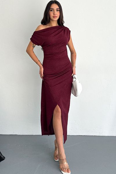fiolin Wrap Asymmetric Shoulder Burgundy Glitter Dress