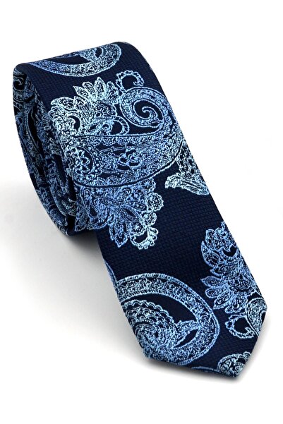Gaffy Blue Shawl Patterned Navy Blue Woven Fabric Slim Fit Tie with Handkerch...