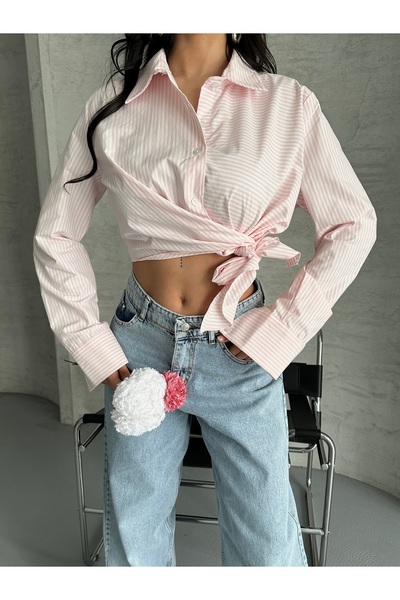 Moda İkra πουκάμισο ποπλίνα με ρίγες και κορδόνι στο πλάι