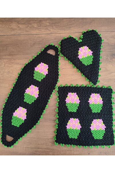 Mia Giyim El Örgüsü Üçlü Saksıda Çiçek Modeli Banyo Lif Takımı Gelin,Damat Çe...