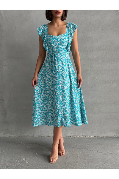 BEJNA Rochie de vară țesătă cu volane cu imprimeu floral turcoaz pentru femei
