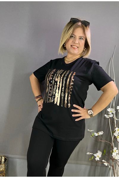 MODA Large Size Quality Black Lame Printed Premium T-Shirt