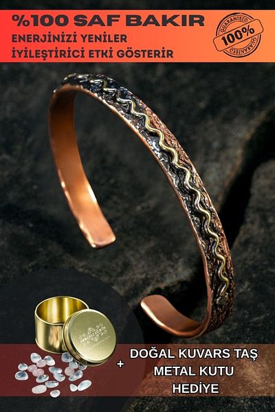 OSMANLI GÜMÜŞ Copper Wave Copper Handcuff Bracelet Men Women with Quartz Stone and Metal Box