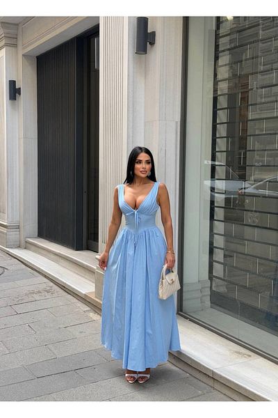 Stil Sepeti Rochie maxi din popelin cu umeri cu detaliu corset cu decolteu în V albastru pentru femei ELY-1000475210