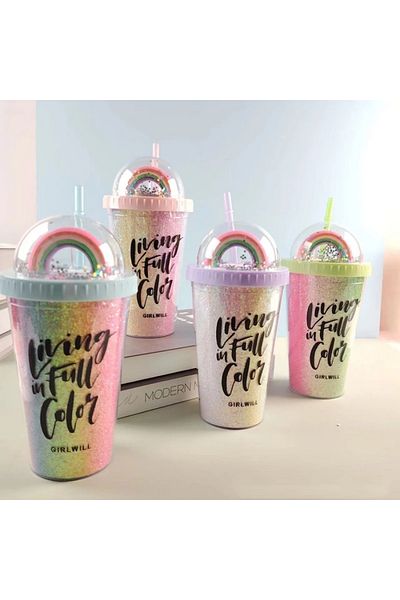 Honney Boutique Led 3D Colorful Lighted Mica Water Bottle Flask Water Bottle Cocktail Glass with Straw Lighted Figure