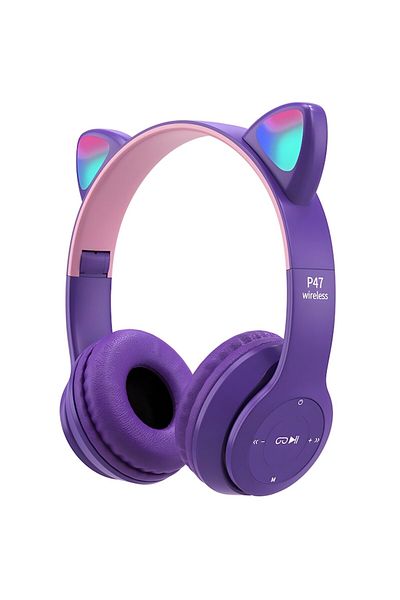 MACVI Casti stereo wireless Macvi® P47, urechi pisica, B 5.0, FM, reducere zgomot, pliabile, card, mov